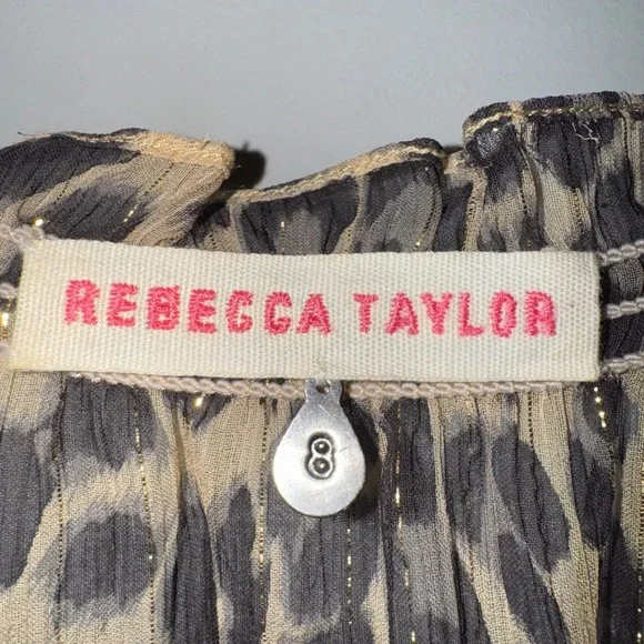 Rebecca Taylor Leopard‎ Print Tiered Blouse Smocked Neck Metallic Gold Accents - Picture 3 of 4